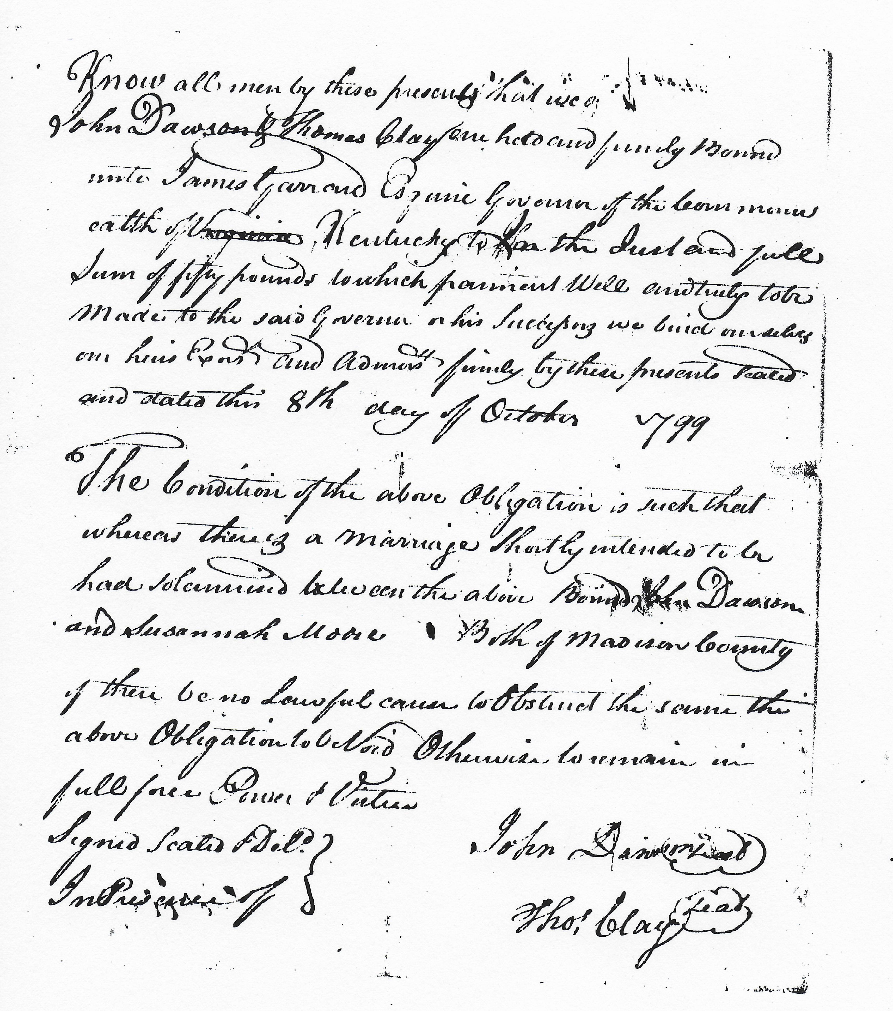 John Dawson and Susannah Moore 1799 Marriage Bond Kentucky Kindred