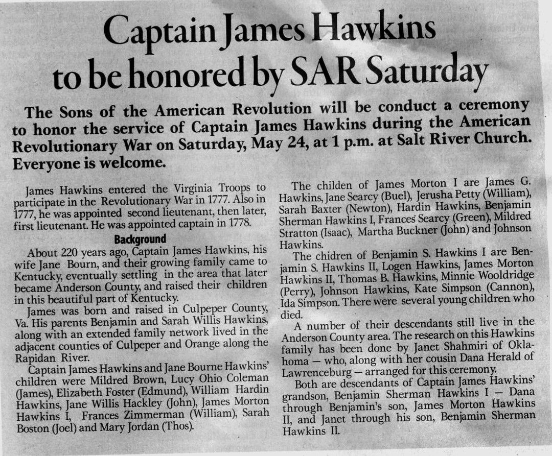 Captain James Hawkins Revolutionary War Veteran Honored by SAR Service